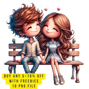 10 Valentine Couple PNG Clipart, Cute Romantic Boy and Girl Sitting on Bench Clip Art, Love Theme Sublimation, Anniversary Printable, Art