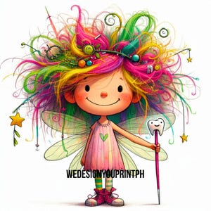 May include: A cartoon fairy illustration with vibrant, multi-coloured hair, wearing a pink dress with a green heart, and holding a pink wand topped with a smiling tooth. The text WEDESIGNYOUPRINTPH is printed across the lower centre area.