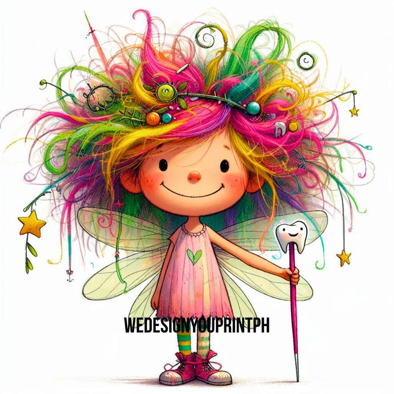 May include: A cartoon fairy illustration with vibrant, multi-coloured hair, wearing a pink dress with a green heart, and holding a pink wand topped with a smiling tooth. The text WEDESIGNYOUPRINTPH is printed across the lower centre area.