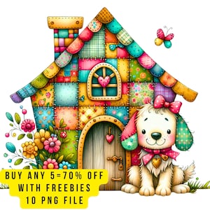 Puede incluir: Ilustración colorida de una casa de patchwork con una ventana en forma de corazón y un perro de dibujos animados con un lazo rosa. La casa tiene una chimenea y una puerta con un candado en forma de corazón. También hay una mariposa y flores.