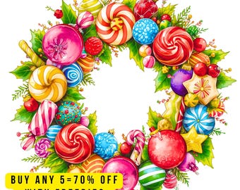 10 Christmas Candy Wreath Clipart Bundle, Holiday Sweets (PNG Digital Download)