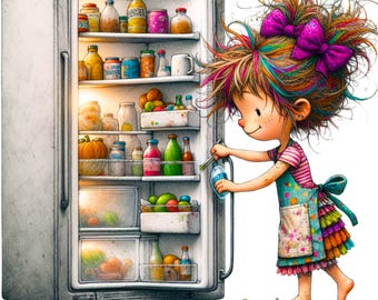 10 Imágenes prediseñadas de una chica limpiando un refrigerador desordenado (JPG), imágenes prediseñadas de un refrigerador de cocina de dibujos animados