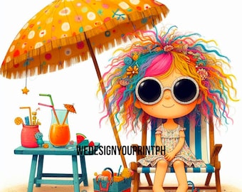 10 grillige strandmeisje illustratie clipart, zomervakantie schattige cartoon kunst, kleurrijke kind clipart voor prints, stickers, decor kinderkamer