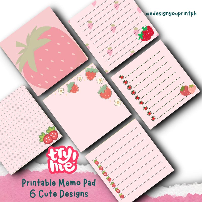Printable Memo Pad Strawberry Theme 3x3 in size