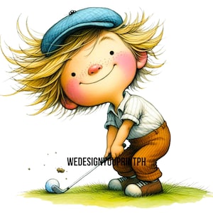 10 Spielen Golf schrulliger Junge Clipart Regenbogen Haar PNG Transparent, niedlicher Junge Golf Sport Clip Art, sportlicher schrulliger Junge, digitaler Sofort Download