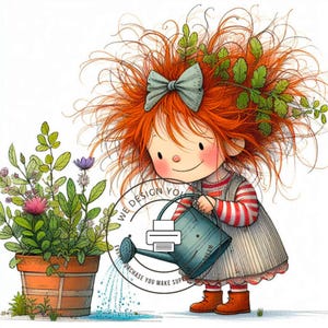 10 Whimsical Redhead Girl Clipart, Gardening Girl Clip, Girl Watering Plants Illustration, Spring Digital Download, Kids Nursery Art Print