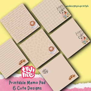 Könnte beinhalten: Druckbarer Notizblock mit sechs niedlichen Designs mit Kaffeetassen, Kaffeebohnen und dem Text "try me" und "Enjoy Coffee".