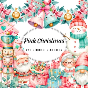 May include: A digital illustration featuring a nutcracker, Santa Claus, a snowman, and a gnome surrounded by Christmas gifts, bows, and holly. The central oval frame contains the text Pink Christmas, PNG, 300DPI, 48 FILES in black font.