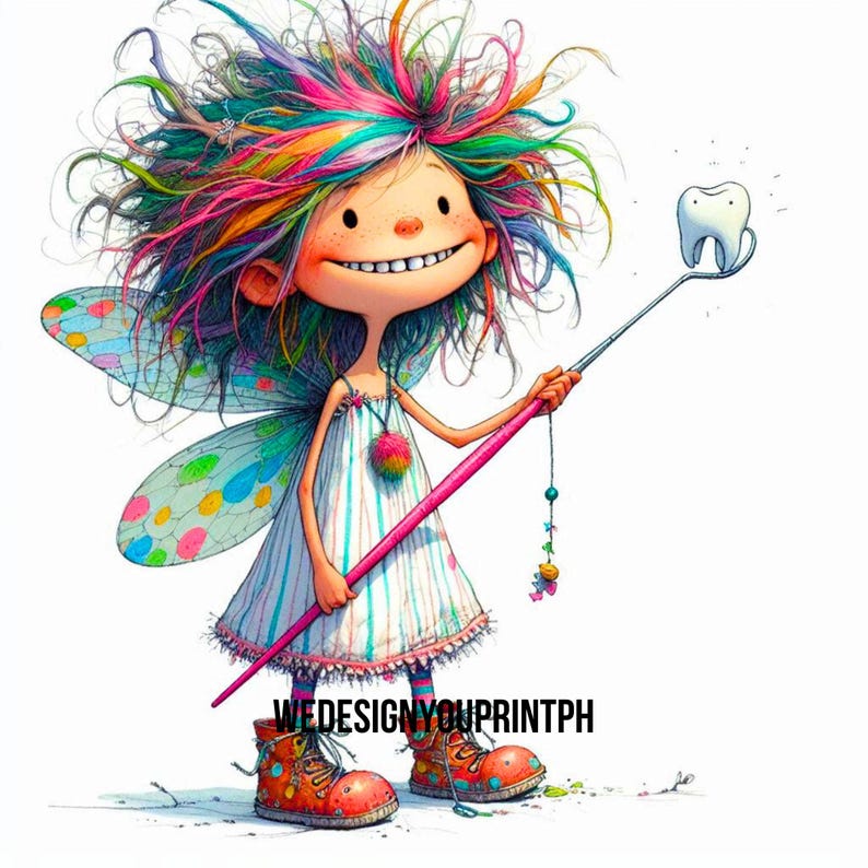 May include: A cartoon fairy with vibrant, multi-coloured hair and large, polka-dot wings wears a white dress with vertical stripes and orange boots. The fairy holds a long pink wand topped with a white tooth. The text WEDESIGNYOUPRINTPH is visible.