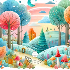 10 grappige bosillustraties, kleurrijke digitale sprookjesillustratie met paddenstoelen, bomen en magisch landschap voor scrapbooking