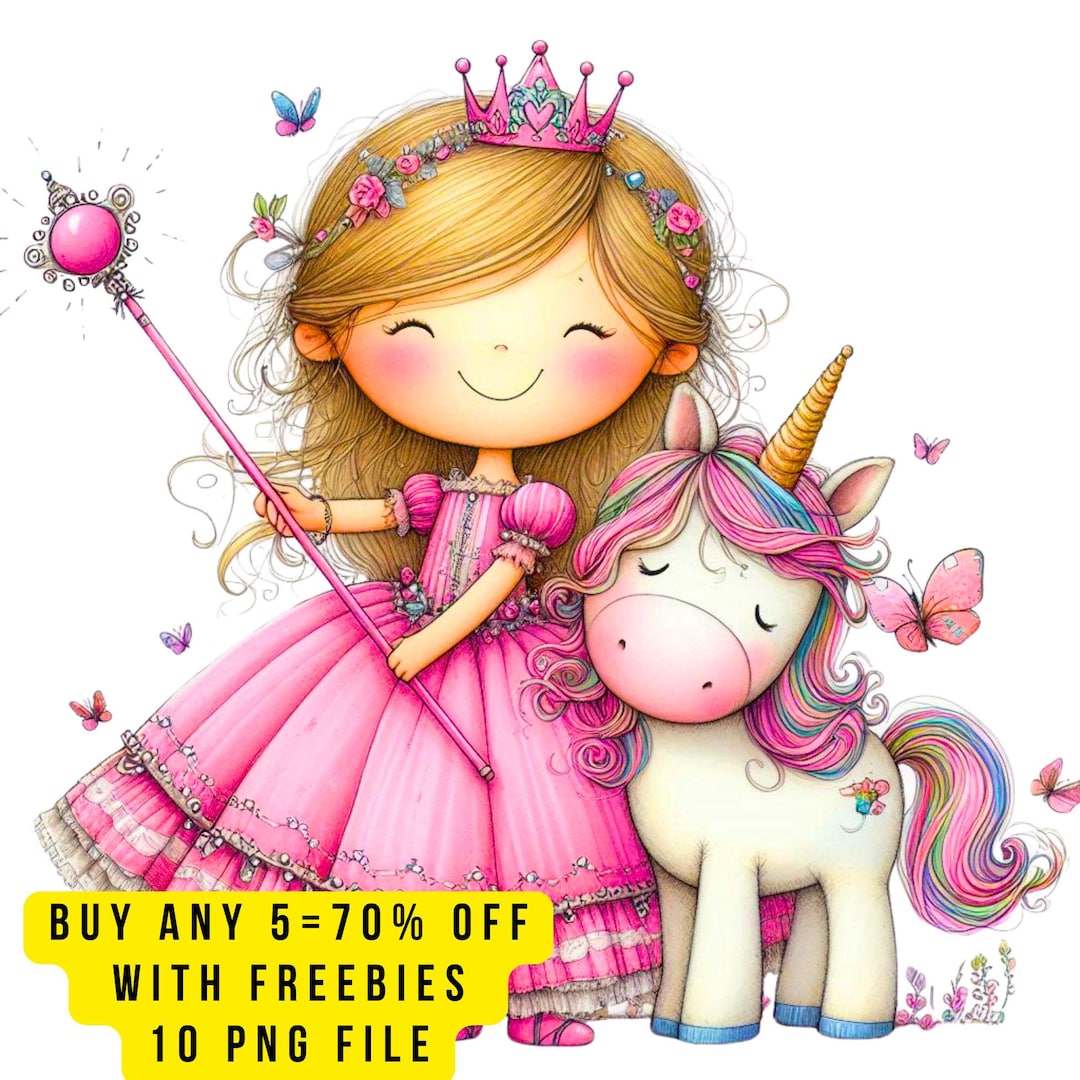 10 Cute Pink Princess and Unicorn Clipart PNG, Magical Girl and Unicorn ...