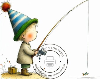 10 adorables imágenes prediseñadas de niños pescadores, ilustraciones digitales dibujadas a mano para manualidades infantiles, scrapbooking, decoración de fiestas y arte mural imprimible (JPG)