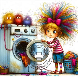 10 Whimsical Quirky Girl Laundry Day Clipart JPG, Washing Machine Girl Laundry Clipart, House Chores Clipart, Digital Instant Download Art