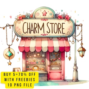 10 Cute Charm Store PNG transparente Clipart, wunderliche Cottage Charm Store Shop, Kawaii Storefront, Pastell Gebäude Kunst, digitaler Download