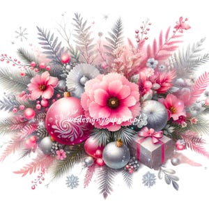 20 clipart floral de Natal rosa prateado elegante JPG e PNG, buquê de Natal, enfeites de inverno por sublimação, decoração de presente de Natal PNG clipart