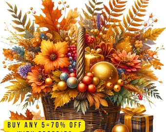 10 imágenes prediseñadas PNG de cestas florales de Acción de Gracias, imágenes prediseñadas de cosecha de otoño con calabazas, girasoles y regalos, ramo de temporada de otoño para sublimación