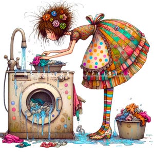 10 Whimsical Quirky Laundry Girl Clipart JPG,  Funny Housework Illustration Clip Art, Quirky Woman Washing Clothes, Washing Machine Laundry