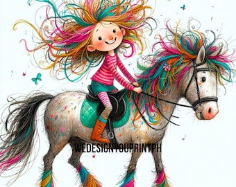10 Whimsical Quirky Girl Riding Horse Clipart JPG, Rainbow Hair Girl Pony Ride Clip Art, Cute Girl Horseback Rider, Girl Equestrian Digital