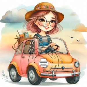 May include: A cartoon illustration of a girl with pink hair wearing a brown hat and round glasses driving a pink car with white polka dots. The car has a basket on the back filled with books.