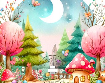 10 Whimsical Forest Clip Art, Colorful Fairy Tale Digital Illustration with Mushrooms, Trees, and Magical Landscape for Scrapbooking