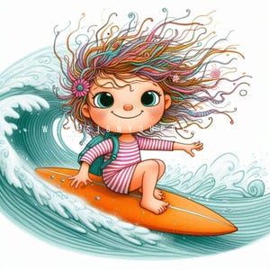 10 Boho Surfer Girl Clipart JPG, Fantazyjna dziewczyna na plaży Clip Art, Nadbrzeżna sztuka ścienna dla dzieci, Letnia dekoracja pokoju dziecięcego Surfing, Natychmiastowe pobieranie