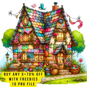 May include: A whimsical watercolor illustration of a colorful cottage with a patchwork design. The roof is tiled with various colors, and the walls are adorned with floral accents. Baskets of flowers and a stone path lead to the wooden door. The image includes the text: BUY ANY 5 = 70% OFF WITH FREEBIES 10 PNG FILE.