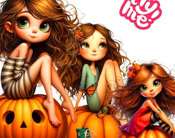 Imágenes prediseñadas PNG de linda chica de otoño, ilustración de chica de otoño con calabaza, paquete de imágenes prediseñadas de Halloween, PNG de sublimación, arte otoñal caprichoso,