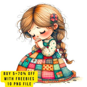 10 betende Mädchen Clipart PNG transparent, Vintage Patchwork Gebet kniendes Mädchen Kind Sublimation, christliche Kinderzimmer Wandkunst, religiös