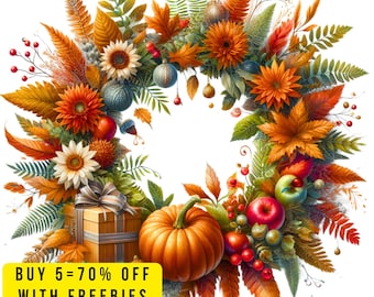 Autumn Fall Floral Wreath Clipart PNG, Clipart Autumn Fall, Thanksgiving Flower Wreath Clipart, Autumn Fall Season Clipart Set Bundle