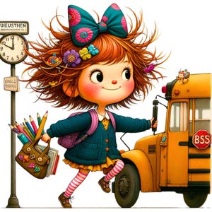 10 Clipart fille rentrée PNG transparents, jolie fille aux cheveux arc-en-ciel, étudiant avec autobus scolaire Clipart Kawaii, professeur, sublimation