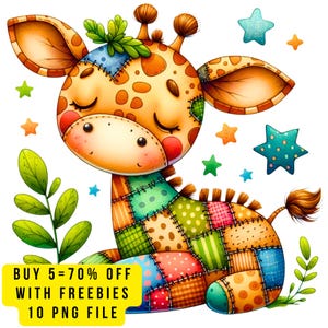 10 Cute Patchwork Giraffe Clipart PNG, Baby Nursery Animal Sublimation, Cartoon Safari Giraffe Digital Download, Kids Wall Art, Boho Jungle