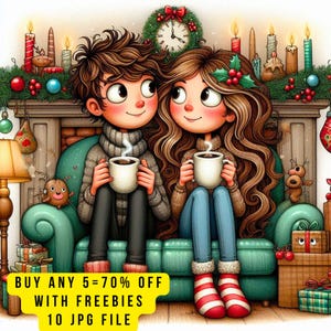 Op de afbeelding: Digitale illustratie van een stel op een turquoise bank, met koffiemokken. Kerstversieringen omringen hen, waaronder een krans, kaarsen en cadeaus. De afbeelding bevat tekst: "BUY ANY 5 = 70% OFF WITH FREEBIES 10 JPG FILE".