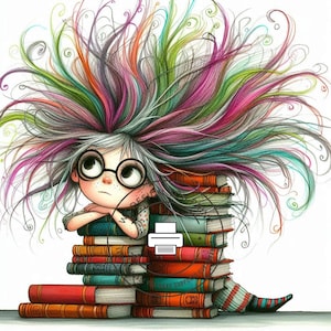 10 Quirky Girl with Books Clip Art Set, Back to School Clipart JPG White Background, Digital Instant Download Clip Art, Book Lover Wall Art