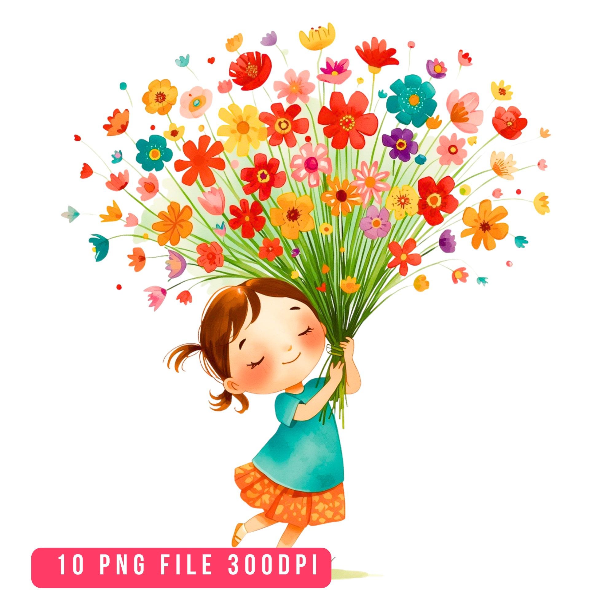 10 Cute Girl With Flowers Clipart Bundle, Whimsical Child Illustration ...