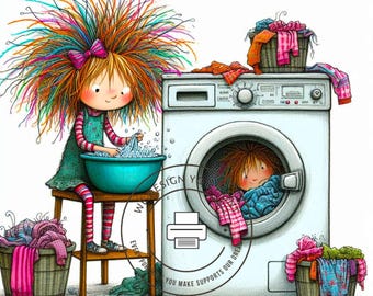 10 Whimsical Quirky Girl Laundry Day Clipart JPG, Washing Machine Girl Laundry Clipart, House Chores Clipart, Digital Instant Download Art