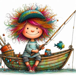 10 imágenes prediseñadas de niño pescando con bote, JPG, alta calidad, 300 DPI, fondo blanco, arte imprimible digital de pescador, descarga instantánea