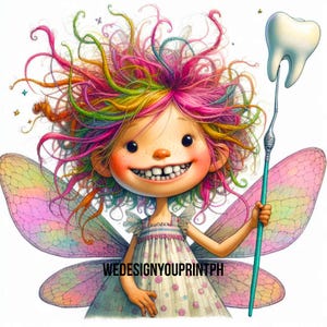 May include: A cartoon fairy illustration with vibrant, multi-coloured messy hair, large iridescent wings, and a white dress with small pink patterns. The character holds a long teal wand topped with a white tooth. Text reads WEDESIGNYOUPRINTPH.
