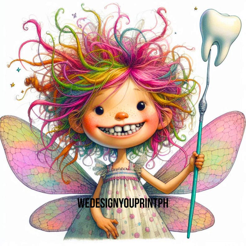 May include: A cartoon fairy illustration with vibrant, multi-coloured messy hair, large iridescent wings, and a white dress with small pink patterns. The character holds a long teal wand topped with a white tooth. Text reads WEDESIGNYOUPRINTPH.