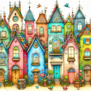 10 Whimsical Colorful Row Houses Clipart, High Quality 300 DPI JPG,  Village House Clipart,  Digital Instant Download Cute Colorful Houses