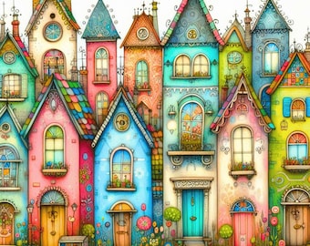 10 Whimsical Colorful Row Houses Clipart, High Quality 300 DPI JPG,  Village House Clipart,  Digital Instant Download Cute Colorful Houses