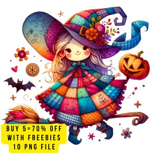 10 Cute Halloween Witch Clipart PNG Transparent, Kawaii Fall Autumn Girl, Pastel Halloween Bats Pumpkins, Whimsical Halloween Witch Clip Art