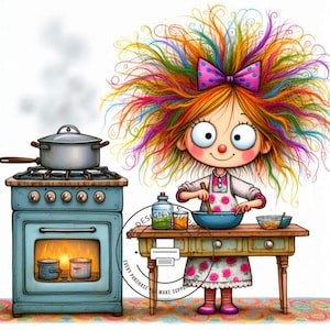10 Whimsical Colorful Hair Cooking Chef Girl Clipart, High Quality 300 DPI JPG White Background, Digital Instant Download Printable Clip Art