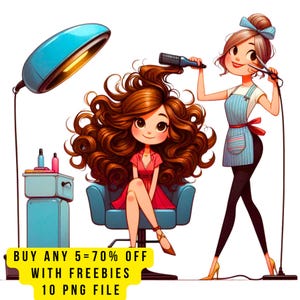 May include: Illustration of a cartoon hair salon scene. A woman with long brown curly hair sits in a blue chair while another woman straightens her hair. A blue hair dryer and a cabinet with beauty products are also visible. Text: BUY ANY 5 = 70% OFF WITH FREEBIES 10 PNG FILE.
