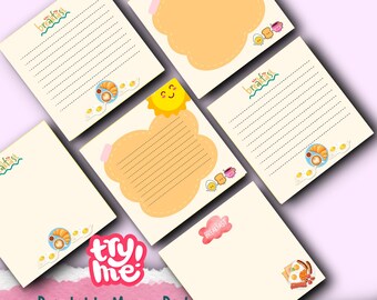 May include: A collection of six printable memo pads with cute breakfast-themed designs. Each pad features a unique layout with lined pages, cloud-shaped notes, and illustrations of eggs, toast, and a smiling sun. The pads are cream-colored with colorful accents.