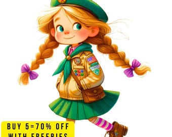 10 Cute Cartoon Girl Scouts Clipart PNG Transparent, Scout Girl in Uniform Clipart, Back to School Clipart, Girl Scout Badge, Girl Power Art