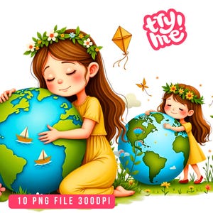 Peut inclure: Illustration de deux filles en train d'embrasser des globes terrestres, vêtues de couronnes de fleurs et de robes jaunes. Les globes sont bleus et verts, avec de petits voiliers. Un cerf-volant et le texte "try me" sont également visibles. Le bas de l'image contient le texte "10 PNG FILE 300DPI".