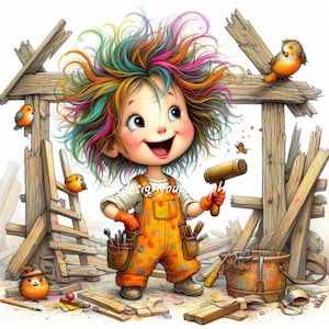 10 Handyman Carpenter Girl Boy Clipart JPG, Woodworking Labor Day Kid Clip Art, Cute Girl Carpenter Illustration, Digital Instant Download