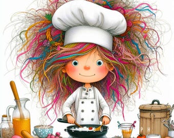 10 Cute Quirky Chef Girl Clipart JPG, Colorful Hair Little Chef Cook Clip Art, Fall Cooking Digital Art for Stickers, Sublimation Clip Arts