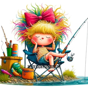 10 Cute Quirky Girl Fishing Clipart PNG Transparent Background, Rainbow Hair Girl Fishing Adventure Clip Art, Whimsical Kids Fishing Graphic