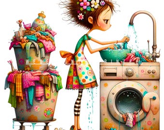 10 Whimsical Quirky Laundry Girl Clipart JPG,  Funny Housework Illustration Clip Art, Quirky Woman Washing Clothes, Washing Machine Laundry